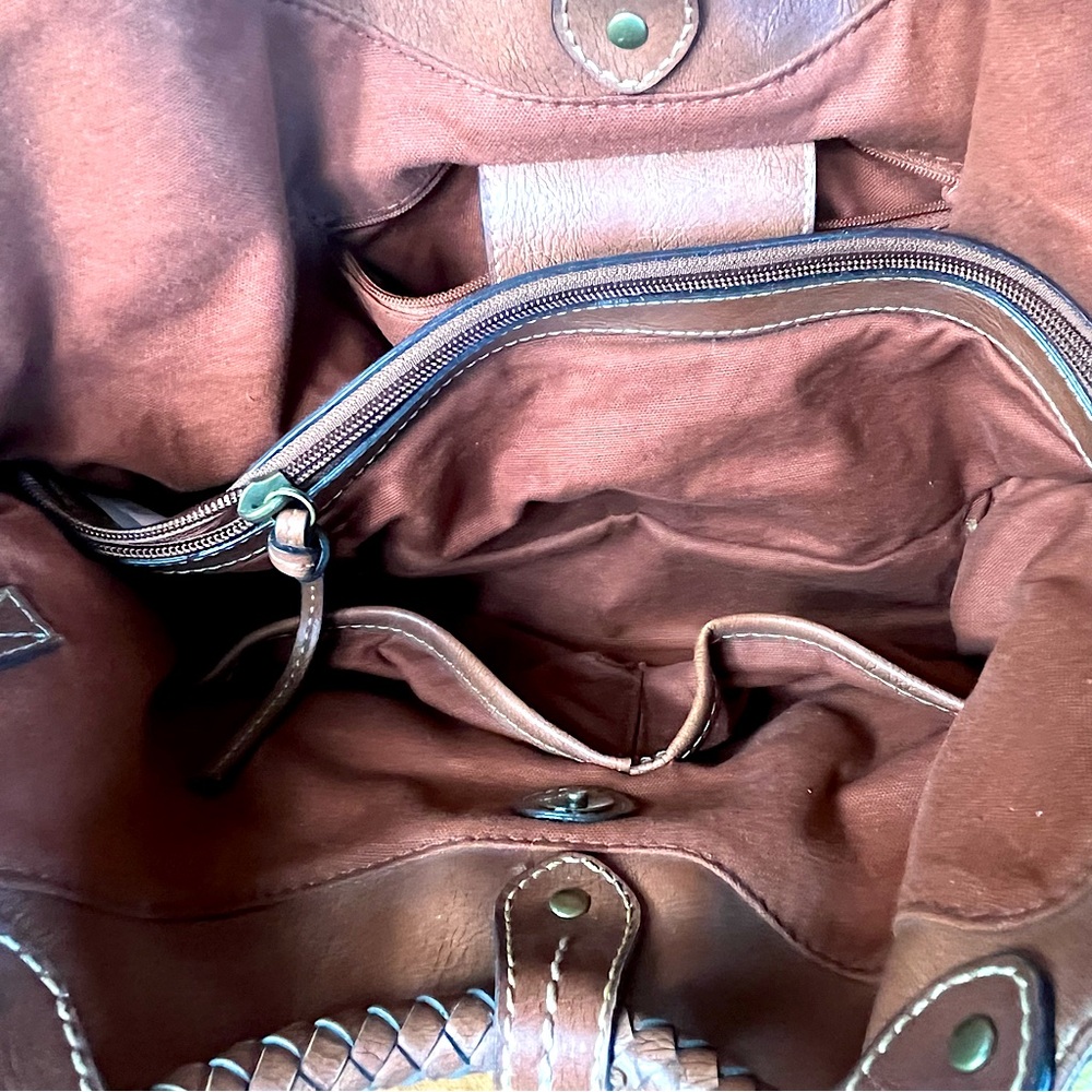 Fossil Vintage Striped Canvas Satchel Braided Leather Circle Handles Boho Bag - Picture 9 of 10